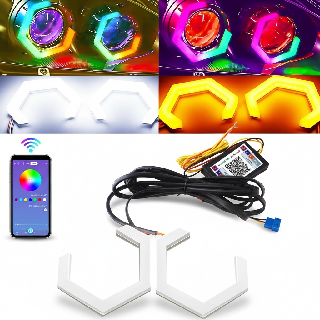 Eagle Lights Hex Halos RGB Angel Rings – 80mm – Bluetooth Control – Chasing Halo DRL Kit (1 Pair)